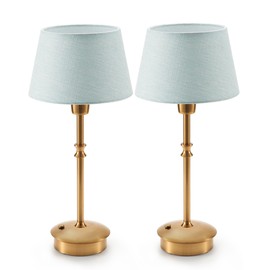 UMEXUS Small Cordless Lamp Rechargeable Table Lamps Set of 2, Dimmable Battery Operated Lights, Portable Accent Light for Side Table Restaurant Dining Outdoor, Blue Fabric Shade, Antique Brass