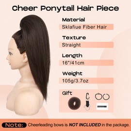 SEIKEA Cheer Ponytail Hair Piece, 16" Straight Cheerleader Hairpiece Ponytail Extension for Cheerleader Competition, Dance, Black Brown with Dark Brown Highlights