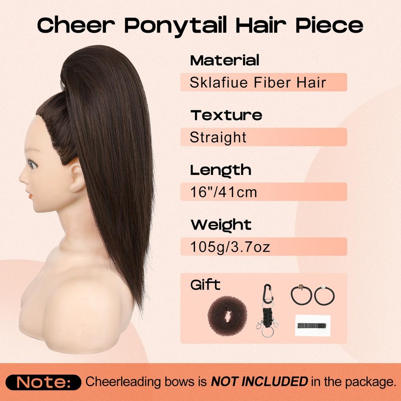 SEIKEA Cheer Ponytail Hair Piece, 16" Straight Cheerleader Hairpiece Ponytail