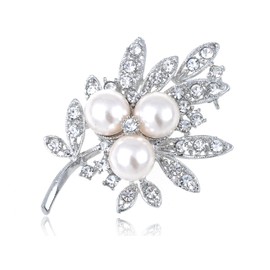 Alilang Silvery Tone Clear Rhinestones Faux Pearl Festive Tree Leaf Brooch Pin