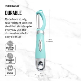 Farberware Euro Peeler, a Kitchen Essential for Quick and Easy Peeling of Produce, Chocolate, Cheeses and More, Features Hang-Hole for Easy Storage, Dishwasher Safe, Aqua Sky