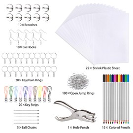 TUPARKA 203 Pieces Heat Shrink Plastic Sheet Kit, 25 Sheets Shrink Film Art Paper, Rolling Mills, Coloured Pencils and 165 Pieces Keyring and Jewellery Making Accessories