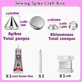 Yhsheen Silver Sewing Spikes for Crafts,300 PCS Stude for Clothing &1000PCS Resin Rhinestone with Glue Needle Thread Kit Flatback Plastic Spike Stud for Holloween Party Decoration Costume DIY Crafts
