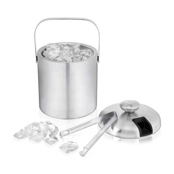 True Stainless Steel Ice Bucket with Tongs, Double Walled Insulated Bar Essential with Built-In Tong Holder Lid