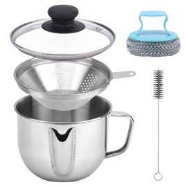 Stainless Steel Fat Separator 4 Cup/1000ML Gravy Grease Separator with Strainer and Glass Lid, Soup Oil Separator Cup for Cooking, Oil Soup Separator Strainer Pot for Kitchen