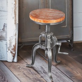 Topower Antique Industrial DIY Crank Stool Cast Iron Three-Legged Chair Bar Stool Wood Top