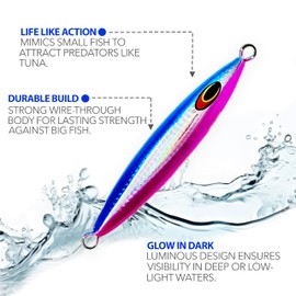 5.5" Tuna jigs,300g Saltwater Jigging Lures, 3 pcs Blue Pink Zebra Glow, for deep Water & Offshore Fishing, Includes Wire-Through Design, Ideal for Tuna and Big Game Fishing