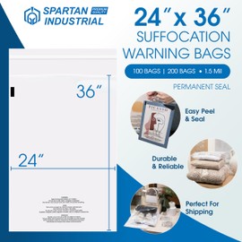 SPARTAN INDUSTRIAL Spartan Industrial - 24 X 36 (100 Count) Self Seal Clear Poly Bags with Suffocation Warning for Packaging, T Shirts & Shipping - Permanent Adhesive