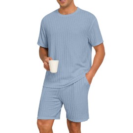 PrinStory Mens Pajamas Set Summer Pjs Sets Lightweight Short Sleeve Pajama Shorts Set Soft Sleepwear Loungewear with Pockets Gray Blue-M