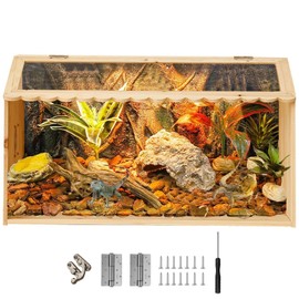Reptile Terrarium and Bearded Dragon Tank for Lizards, Snakes – Moisture-Resistant WPC Habitat with Lockable Sliding Glass Doors, Vented Side Panels – 16 x 12x 12 in Enclosure