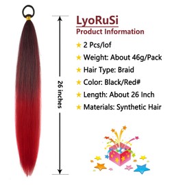 LyoRuSi LyoRuSi 2 Pack Braid Ponytail Extension with Elastic Tie Straight Sleek Wrap Around Braid Wig Ponytail Black Red gradient 26 Inch (Black/Red)