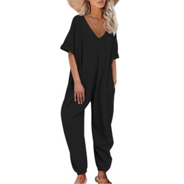 Nirovien Jumpsuits for Women Casual Short Sleeve Jumpsuit V Neck Summer Outfits Loose Onesie(Solid-Black,XL)