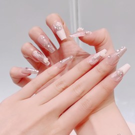 CATKIN 24PCS Long False Nails with Glue Stickers, Press on Nails no Glue for Women Girls Medium Square Decoration Fake Nails