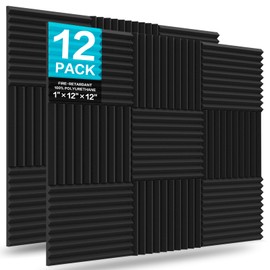 JBER 12 Pack Acoustic Foam Panels, 1" X 12" X 12" Sound Proof Foam Panels for Walls, High Desnsity Studio Soundproofing Wedges - Fire Resistant & Noise Absorbing for Studio, Office, Home (Black) | JBER