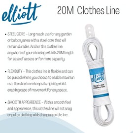 Elliott Steel Core Clothes Line, 20 Meters, White, Extra Stong, Laundry Essential