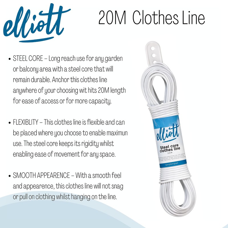 Elliott Steel Core Clothes Line, 20 Meters, White, Extra Stong,