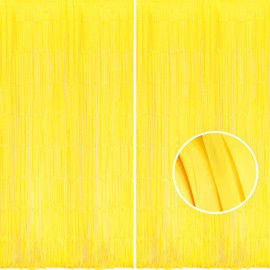 BRAVESHINE 2PCS Pastel Yellow Foil Fringe Curtain Party Decorations - 3.3x8.2ft Yellow Tinsel Curtain Photo Booth Backdrop for Birthday Easter Spring Autumn Sunflower Bee Hawaiian Luau New Year Party