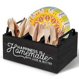 YUPENLAI Utensil Caddy for Parties, Wood Silverware Caddy for Party, Paper Plate Caddy, for Kitchen Silverware Cups, Forks, Spoons, Plates, Napkins, for Kitchen Counter, Party, Camping, Picnic