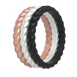 Enso Rings Stackable Braided Silicone Wedding Ring – Hypoallergenic Unisex Stackable Wedding Band – Comfortable Minimalist Band – 2.5mm Wide, .8mm Thick - Metallic Rose Gold/Pearl/Black - Size 9