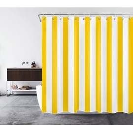 LB Yellow White Striped Shower Curtain, Simple Geometric Art, Anti-Mould, Waterproof Bathroom Curtains, Minimalist Polyester Fabric Bathroom Curtain with Hooks, 180 x 180 cm