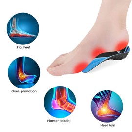 Plantillas ortopédicas de soporte de arco alto 3/4 para pies planos, alivio de fascitis plantar, sobrepronación, plantillas de zapatos para hombres y mujeres, para correr, negro y azul (M: hombres 6.5-8.5, mujeres 7.5-9.5)