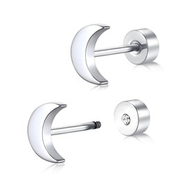 BLISI Titanium Moon Earrings Silver 20G Hypoallergenic Silver Moon Studs for Sensitive Ears Screw on Flat Back Nap Earrings, Cute Classic Jewelry Present for Women Men