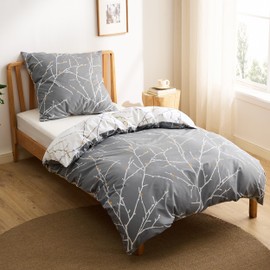 Bedsure Bed Linen, 135 x 200 cm, Cotton, Grey Bed Linen Sets, 135 x 200 cm Duvet Cover, 2-Piece Set with 80 x 80 cm Pillowcase, Warm Bed Linen with Zip, Twig Pattern