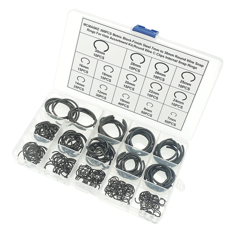 MCMASKE 300PCS Metric 7mm to 30mm Round Wire C-Clips Internal