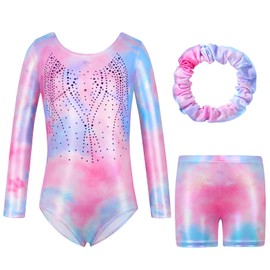 Hovershoes Gymnastics Leotards for Girls Sparkle Colorful Dancing Athletic Leotard with Glitter Tumbling Dance Shorts and Headband for 5-14 Years Kids Teens