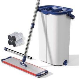 Large Mop and Bucket with Wringer Set for Home, Hands Free Flat Floor Mop and Bucket System with 4 Washable Microfiber Pads, Wet and Dry Use, Mops for Floor Cleaning, Two Bucket Mop System
