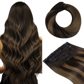 HOTBANANA Clip in Hair Extensions, 14 inch 75g 5pcs Dark Brown to Chestnut Brown Clip in Hair Extensions Real Human Hair Remy Hair Stright Clip in Hair Extensions