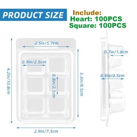 200 Pack Wax Melt Clamshells Molds, 6-Cavity Clear Empty Plastic Square & Heart Shape Cube Wax Melt Container for DIY Wax Melt Candles Wickless Tarts Candles (Square+Heart)