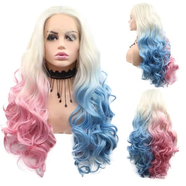 Angle Lucky Cosplay Colorful Wig for Women Synthetic Lace Front Wig Long Wavy Half Pink Half Blue Glueless Wig Natural Hairline Blonde Pink Blue Wig Heat Resistant Fiber Drag Queen Party Wig 24Inch