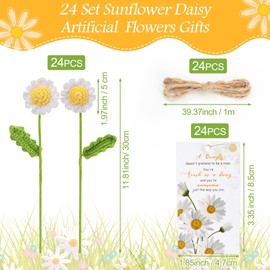 Tigeen 24 Sets Crochet Flowers with Awesome Cards Bulk Inspirational Daisy Gifts Crochet Flower Bouquet Employee Appreciation Gifts for Graduation, Mother's Day, Birthday Party (White)