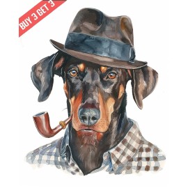 Doberman Pinscher with a Detective Hat Dog Watercolor Painting Print 8x10