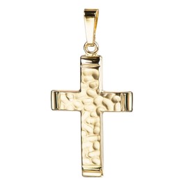 JEVELION Pendant Cross in Distinctive Hammered Look Gold Cross for Women, Men and Children as a Necklace Pendant + Jewellery Case, Yellow Gold