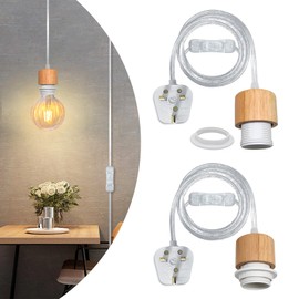 2 Pack E27 Plug in Pendant Light Cord Industrial Hanging Light 5M Transparent Cable Vintage Pendant Light Fitting with On/Off Switch Plug in Ceiling Light DIY Lampshade Suspended Pendant Lamp Kit