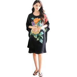 Kwedhonjh lady 100% silk pajamas, bat sleeve bathrobe - floral pattern (Peony black)