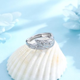 KINGWHYTE Feather Thumb Ring 925 Sterling Silver Adjustable Finger Rings Cubic Zirconia Ring Angel Wings Jewellery Birthday Gifts for Women