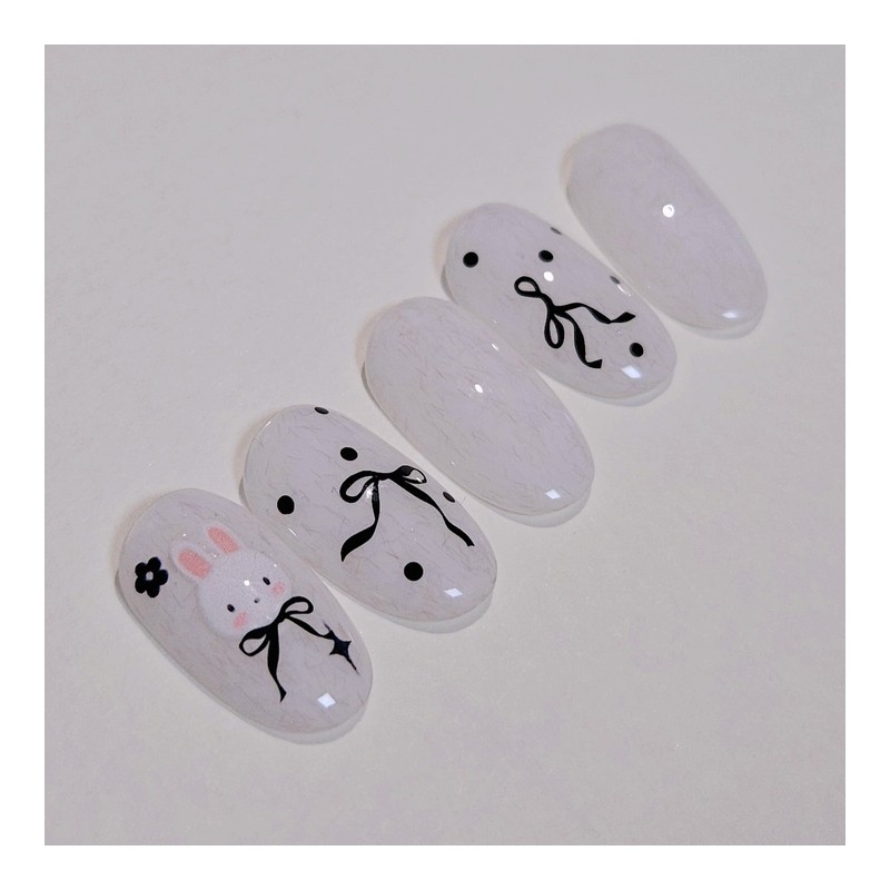 Mono Rabbit Handmade Nail Tips Knit Gel Ribbon Dot Nails