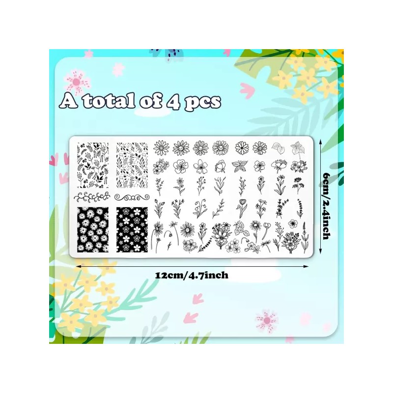 JarThenaAMCS 4Pcs 꽃 네일 플레이트 스탬핑 세트 봄 여름 스탬프