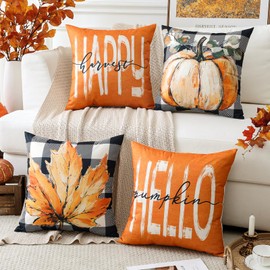 Artscope Fall Decorative Throw Pillow Covers 18x18 Inch Set of 4, Hello Happy Autumn Pumpkin Buffalo Plaid Maple Leaves Harvest Outdoor Farmhouse Pillow Cases for Home Sofa Couch-Orange B