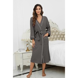 HEARTNICE Womens Cotton Robe, Soft Kimono Spa Knit Long Bathrobe Lightweight Loungewear (Dark Grey Mel.,M)