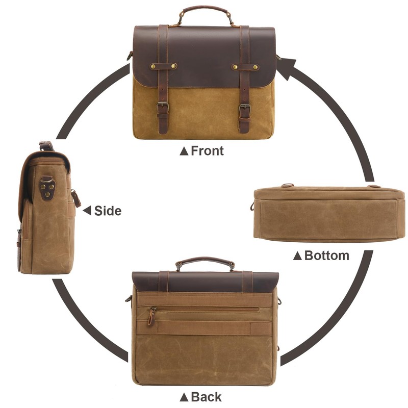 Men's Messenger Bag Waxed Canvas Briefcase 15.6 Inch Vintage Genuine