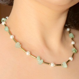 Freshwater Pearl Necklace, Choker Necklace with Natural Green Aventurine and Titanium Steel for Women
