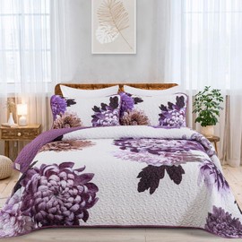 Dintszyayue Floral Quilt Set Queen Bedding Set, 3 Pieces Light Purple Lilac Flower Coverlet bedspreads, Lightweight Microfiber Reversible Bed Cover with 2 Pillow Shams for All Seasons 96"x90"