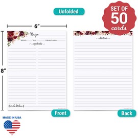 321Done Folding Recipe Cards Floral (Set of 50) X-Large - Made in USA - Folds to 4x6 from 8x6 - Red Roses on White – From the Kitchen Retro Vintage Luxury Thick Cardstock Jumbo Folded Double-Sided