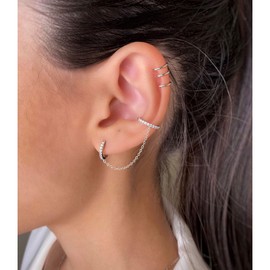 Hoop Earrings 925 Silver for Women, Double Piercing Stud Earrings Hoop Earrings with Hanging Chain, Gold Earrings with Cubic Zirconia, Silver Jewellery, Huggie Hoop Earrings, Gifts for Women, Girls,