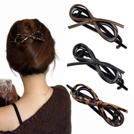 3PCS Bow Hair Clips- Retro Leather Bow Twist Clip Duckbill Clip Ponytail Holder Updo Hairpins for Women Girls Hair Accessory