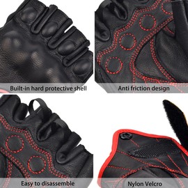 Harssidanzar KL022EU Women's Fingerless Motorcycle Gloves, Hard Knuckle Protection, Riding Motorcyclists, Racing Motorcycle Gloves, Black/Red, Size XL